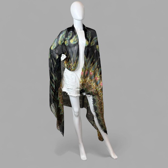 No Brand Accessories - Womens Oversized Paisley Sheer Wrap Scarf Black Multi Color Boho Gauze Shawl